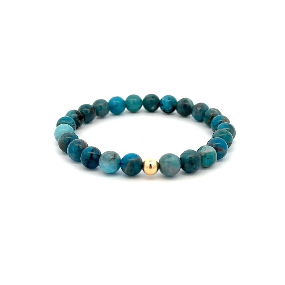 Natural Apatite 6mm Stretchable Bracelet 18k Gold Bead Charm